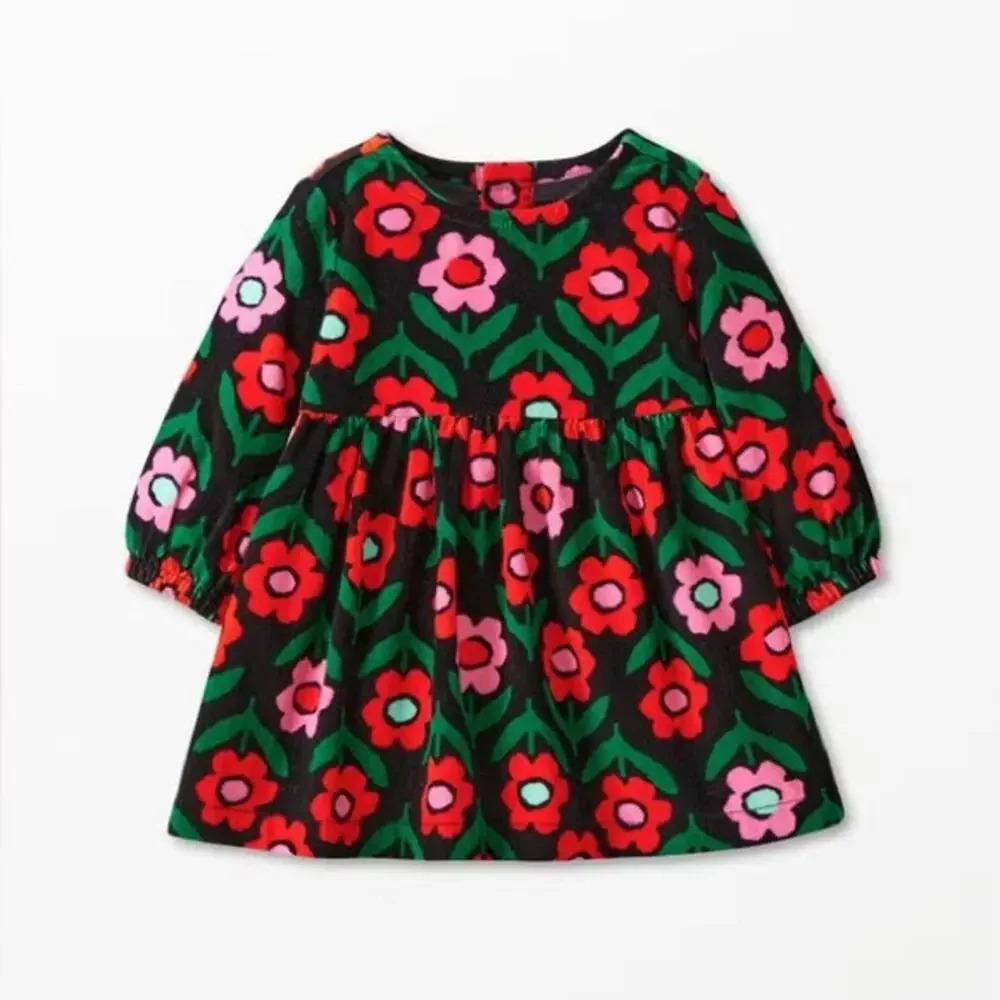 Hanna Andersson Long Sleeve Corduroy Dress Cute Cosmos On Black Flower Floral
